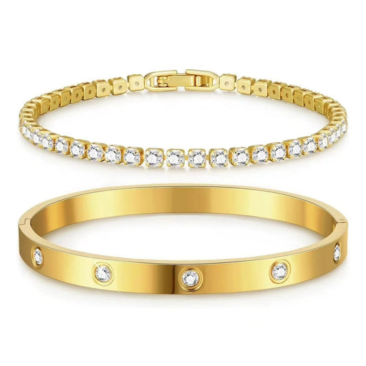 Işıltılı Zarafet: Taşlı Kelepçe ve Su Yolu Bileklik Kombini - Zarif Hediye