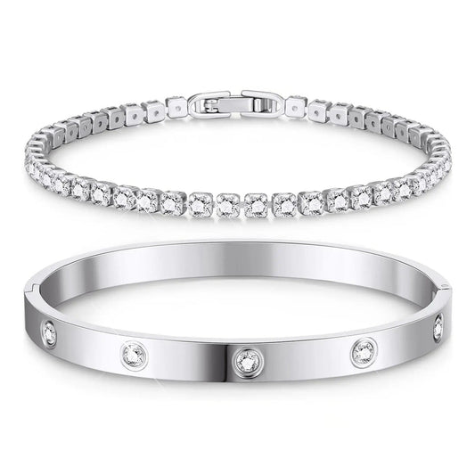 Işıltılı Zarafet: Taşlı Kelepçe ve Su Yolu Bileklik Kombini - Zarif Hediye